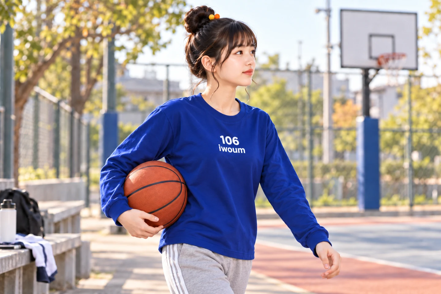 バスケットボールを持ち、青い長袖Tシャツを着てスポーツの場に立つ看板娘
