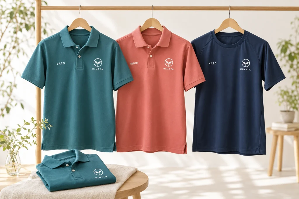 同じHINATAロゴと個別名を入れたティール・コーラルのポロシャツ、ネイビーのドライTシャツの制作イメージ