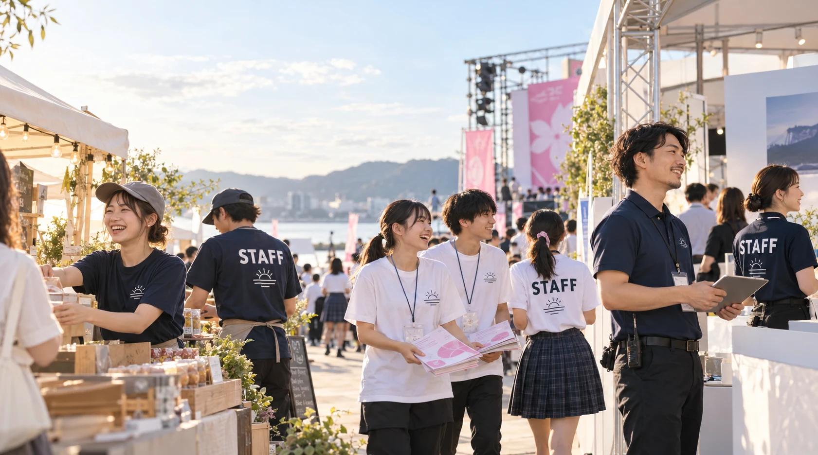 地域イベントの会場で、STAFFプリント入りウエアを着たスタッフや参加者が活動する提案イメージ