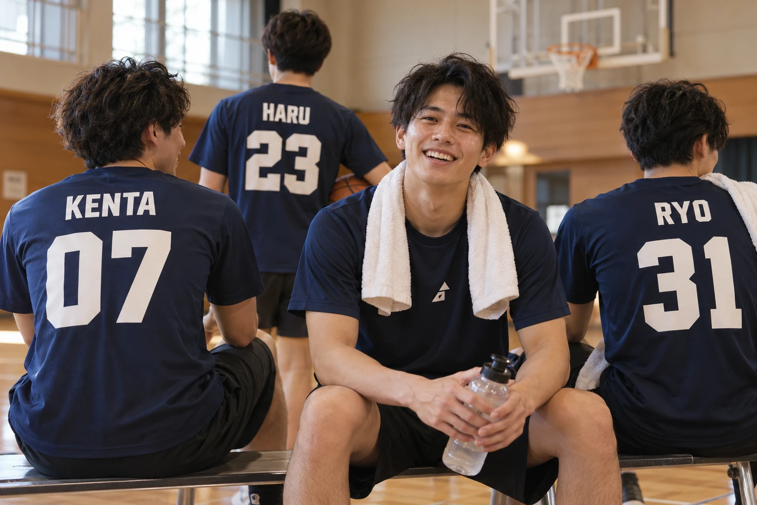 胸に共通ロゴ、背中にそれぞれ異なる名前と番号をプリントしたチームTシャツ
