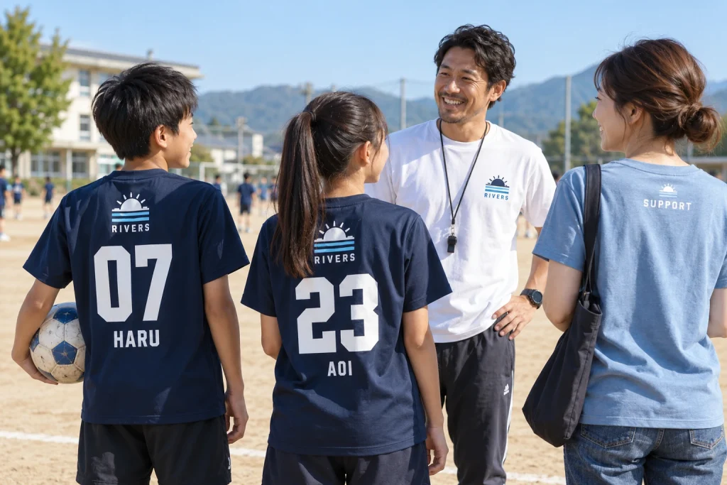 共通のRIVERSロゴと07・23の背番号を入れた子ども用Tシャツ、白いコーチ用、青い保護者用の制作イメージ