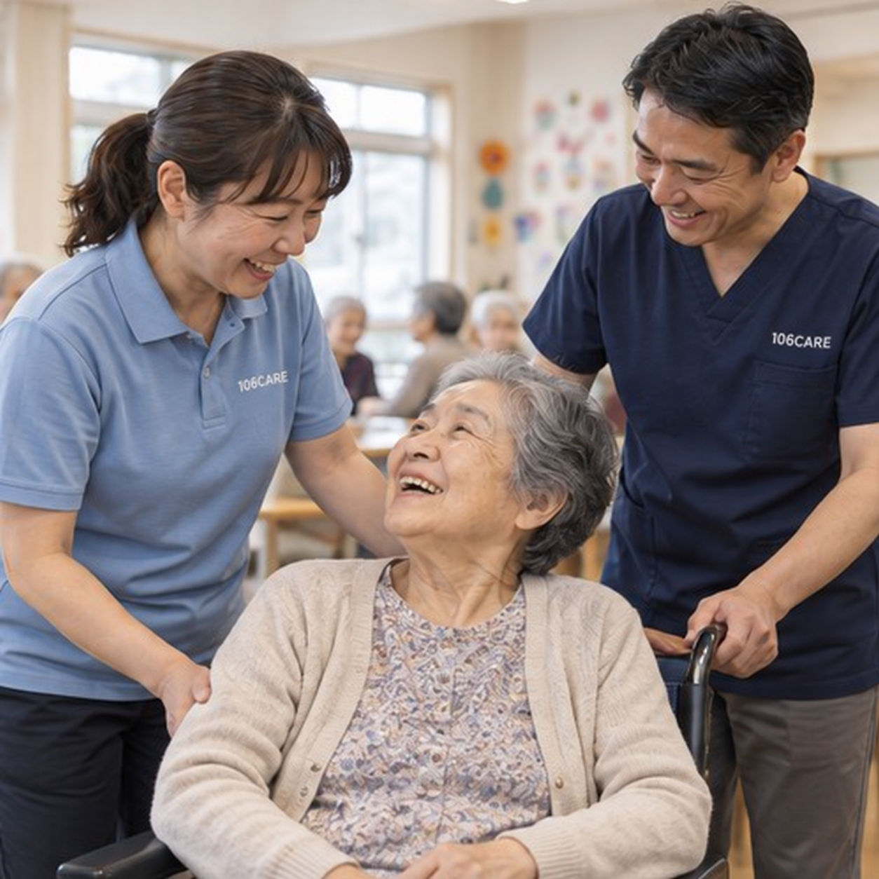 胸に106CAREロゴをプリントした介護スタッフが利用者と接する場面